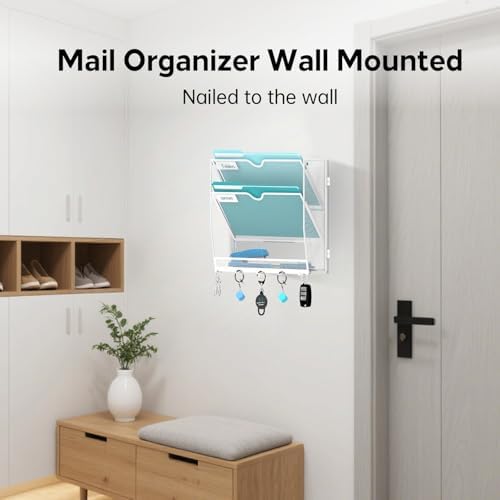 3-Tier Wall File Organizer and Mail Organizer with 5 Hooks, White