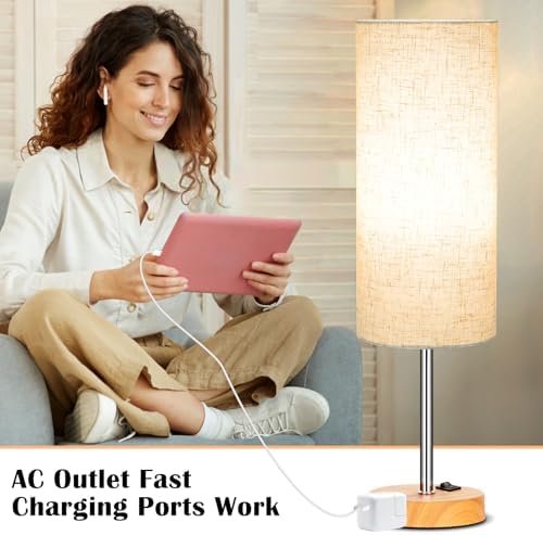 ZJOJO Table Lamp for Bedroom 2 Pack,18in Bedside Lamps with 3 Way Dimmable Rocker Switch & AC Outlet,Nightstand Desk Lamp with Flaxen Fabric Shade Woodgrain Base for Living Room Home Decor Lights