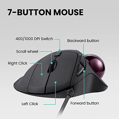 Perixx Perimice-517 Wired Trackball USB Mouse, 7 Button Design, Build-in 1.34 Inch Trackball with Pointing Feature