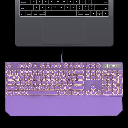Camiysn Typewriter Style Mechanical Gaming Keyboard, Purple Retro Punk Gaming Keyboard with White Backlit, 104 Keys Blue Switch Wired Cute Keyboards, Round Keycaps for Windows/Mac/PC