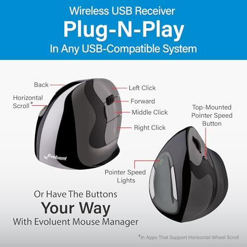 Evoluent – Inventor of The Vertical Mouse – VMDMW Ergonomic Vertical Mouse Right Hand Med USB Wireless, Sculpted for Comfort, Reduces Wrist Strain, 4 Speeds, 6 Customizable Buttons in Windows