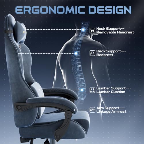 Ferghana Ergonomic Velvet Fabric Gaming Chair with Embroidery Fire, Massage Lumbar Support & Retractable Footrest, Reclining Racing Computer Office Desk Chair for Adults, Grey