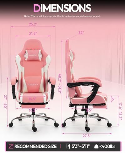 Dowinx Ergonomic Gaming Chair with Footrest & Massage Lumbar, 2D-Linkage Armrests for Computer Chair 330lbs with Headrest Pillow for Office, Home, Streaming and Long Gaming Sessions, Fabric Pink White