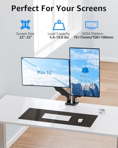 Dual Monitor Stand fits up to 32 inch, 4.4-19.8 lbs Computer Screens, Dual Monitor Desk Mount Height Adjustable, Monitor Arms for 2 Monitors, Home Office VESA Mounts, Freelift Black
