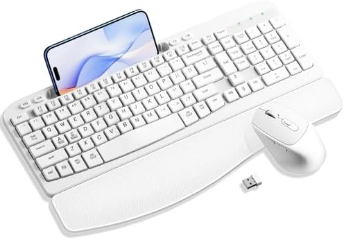 Hayyiesh Ergonomic Wave Keys Wireless Keyboard and Mouse Combo, Full Size with Memory Foam Wrist Rest & Phone Holder, 2.4G Cordless Set with USB-C Adapter for Windows Mac Desktop Laptop (White)
