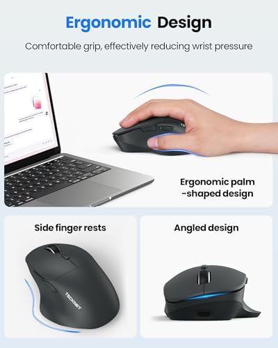 TECKNET Wireless Mouse Bluetooth 5.0/3.0 & 2.4G Rechargeable, Silent Clicks, Adjustable 4800 DPI, 6 Buttons, Ergonomic Design, Bluetooth Mouse for Laptop, Computer, ipad - Gray