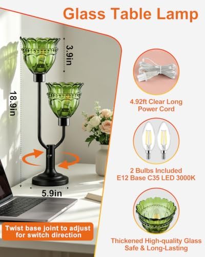 Lightdot Mid Century Modern Table Lamp Dimmable Vintage Green Glass Lamp