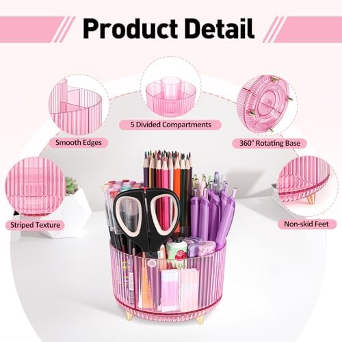 360 Rotating Pen Pencil Holder for Desk, Pen Organizer with 5 Slots