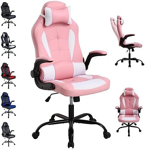 Office Gaming Chair, High Back PU Leather Racing Chair, Comfortable Big and Tall, Height Adjustable Heavy Duty With Headrest & Lumbar Support (Pink)