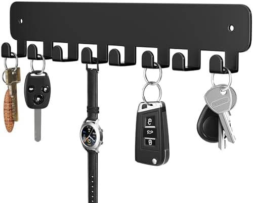 pickpiff Key Holder Wall Mount, Adhesive Key Rack with 8 Hooks Hanger for Car Key Ring, Metal Key Chain Organizer, Black 1 Pack