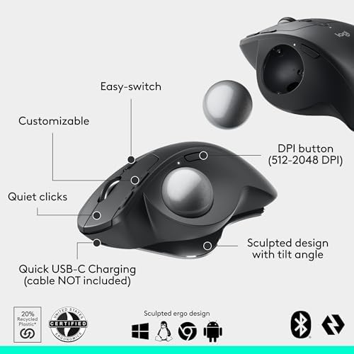 Logitech MX Ergo S Advanced Wireless Trackball Mouse, USB-C Rechargeable Wireless Ergonomic Mouse with Bluetooth and Encrypted Dongle, 6 Programmable Buttons, for PC/Mac - Graphite (Renewed)