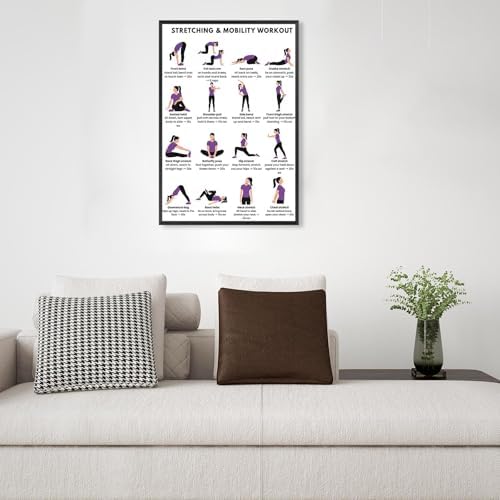 Stretching & Mobility Workout Poster, 16 Illustrated Full-Body Flexibility Chart with Timed Hold Guides, Bodyweight Daily Stretch Reference for Desk Soreness & Post-Workout Joint Recovery(20x30inchs，Wrapped Framed)