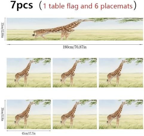 Linen Place Mats And Table Runner Set of 7 Heat Resistant Non-Slip Table Mats Boho Farmhouse Washable Giraffe Stretching Its Neck to Eat Leaves Placemats for Kitchen Dining Party Holiday Wedding Table
