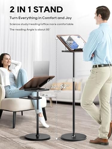 2 in 1 Adjustable Book Stand - Dual-Use Floor and Desktop Book Holder Stand, Height Adjustable 23.5-52 in, Elastic Page Clips for Music Sheet, Recipe, Tablet, Laptop-Black