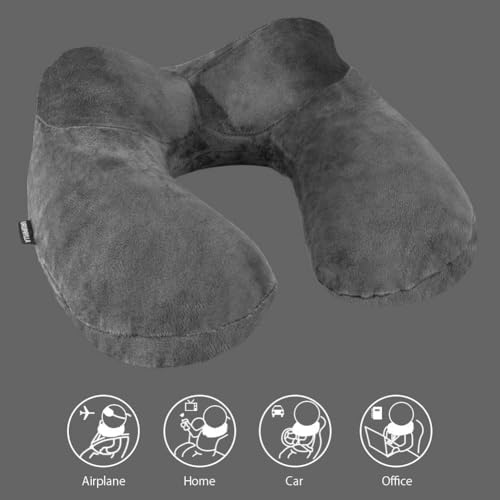 Inflatable Travel Pillow, Soft Velvet Inflatable Neck Pillow for Traveling, Airplanes, Train, Car, Office with Compact Bag, Breathable Washable Cover, Suit for Adults Sleeping - Grey