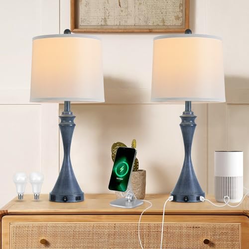 Living Room Deek Lamp Bedroom Table Lamp Set of 2,3 Way Dimmable Led Light Modern Industrial Table Lamps Sand Navy Blue Metal,USB Type A+C&Outlet, Linen Lampshade,Bulb*2