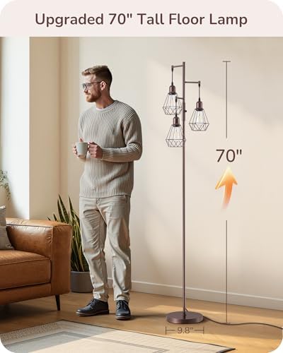 EDISHINE 70" Industrial 3 Light Floor Lamp with 3 LED Bulbs, Dimmable
