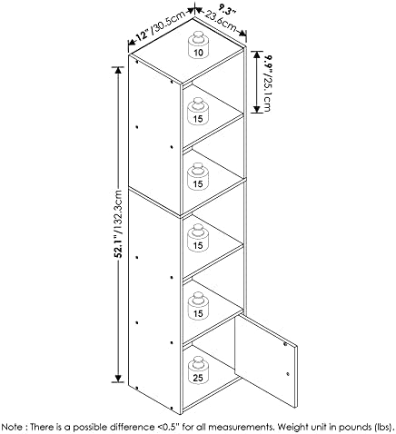 Furinno LUDER Book Shelf, 5-Tier Modern Bookshelf, Bookcase with 1 Door Storage Cabinet, 9.3 x 12 x 52, for Organization and Storage, for Living Room, Bedroom, Home Office, French Oak