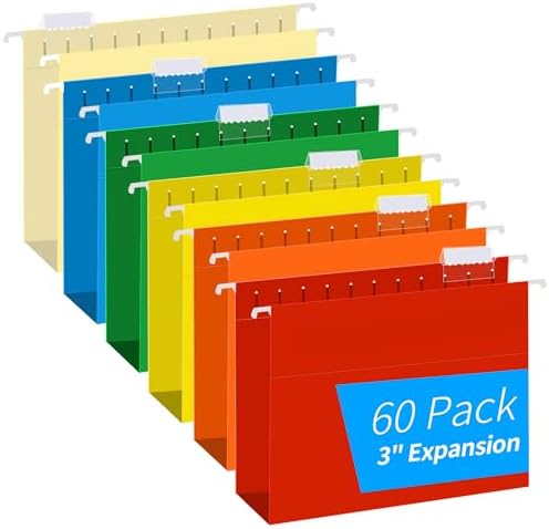 Extra Capacity Hanging File Folders, RAZCC 60 Pack Letter Size Reinforced Hanging Folders with Heavy Duty 3 Inch Expansion for Bulky Files, Filing Cabinet, Adjustable Tabs, Assorted Colors