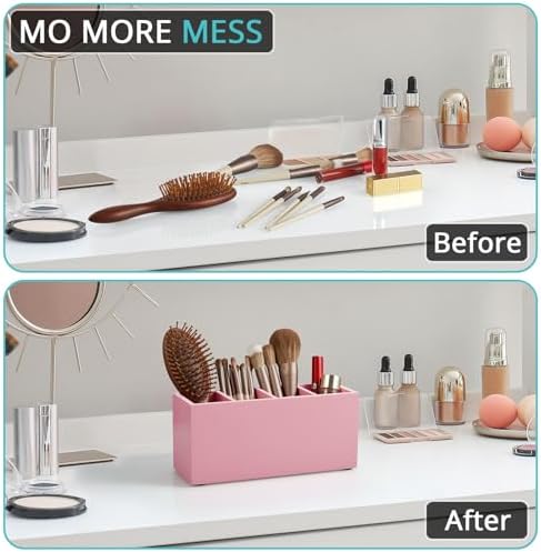 Bivvclaz Pencil Pen Holder for Desk, Wooden Office Desk Organizers and Accessories with 4 Slots for Countertop, Makeup Brush Holder Organizer for Bathroom Vanity, Silverware Caddy for Party, Pink