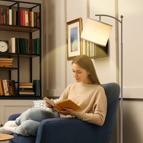 Ambimall 60" Floor Lamp for Living Room with 3 Color Temperatures, Adjustable Beige Shade with Brown Pole, Tall Lamp for Bedroom Office Classroom Dorm Room, 9W Bulb Included