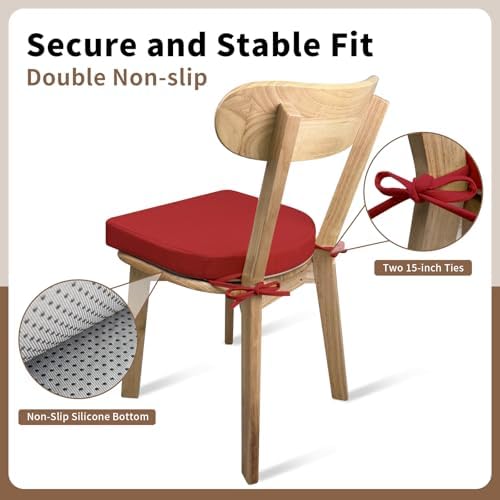 Chair Cushions for Dining Chairs 4 Pack 35D High-Density Foam Seat Cushions for Kitchen Chairs with Ties Non Slip and Removable Cover Chair Pads 16.5" x 16.5" x 2" (Red)