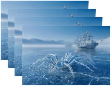 Frost Blue Spider Linen Placemats, On Cold Lake Table Mats for Table Washable Heat Insulation Thick Dining Mat, Indoor/Outdoor 12X18 in 4 Pcs