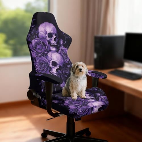 Skull Purple Gaming Chair Cover Stretchable Game Chair Slipcovers with 2 Armrest Covers, Scratch-Proof Gamer Desk Chair Covers for Computer Office Seat