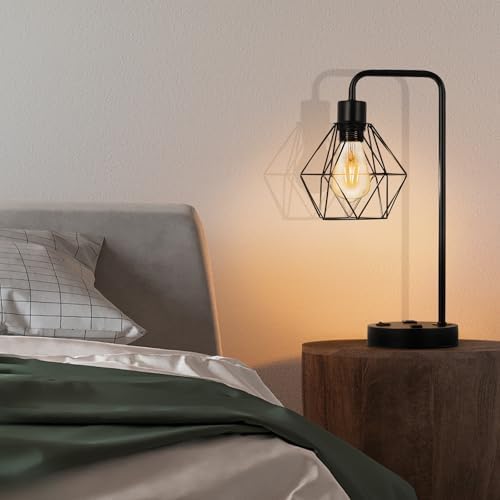 BTY Industrial Table Lamps Set of 2 Vintage Desk Lamp Metal Cage Nightstand Bedside Lamp with Dual USB Charging Ports and AC Outlet for Bedroom Living Room Office (Black)