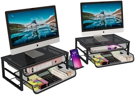 Ekisemio 2-Pack 2-Tier Monitor Stand Riser with Drawer, Metal Computer Desk Organizer for Home Office, Black