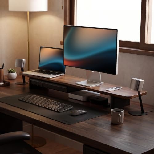 Fenge 42.5" Dual Monitor Stand with Storage Drawer & Solid Wood Legs, Brown