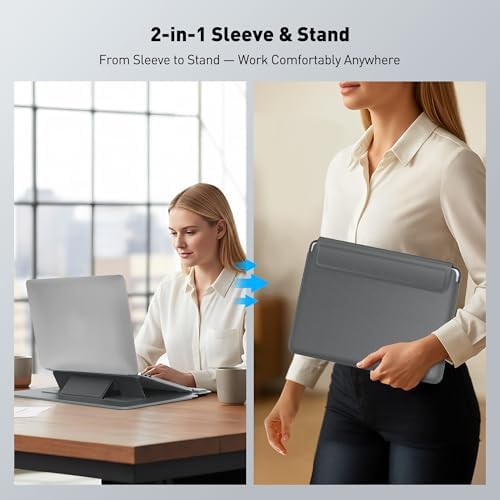 AboveTEK Laptop Sleeve Case for 13-14 inch MacBook Air/Pro, Slim Laptop Case with Stand, Ergonomic Wrist Rest & Mouse Pad, Waterproof Anti-Scratch Leather Bag for 13-14 Surface HP, Grey