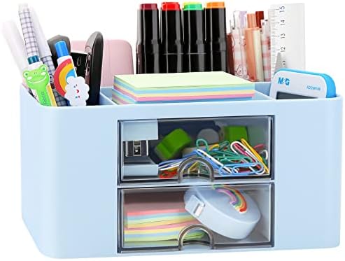 Desk Organizer with 2 Drawer, Plastic Desktop Pen Pencil Card Holder Storage Box for Desk, Office Supplies, Vanity Table Office School Home (Blue)