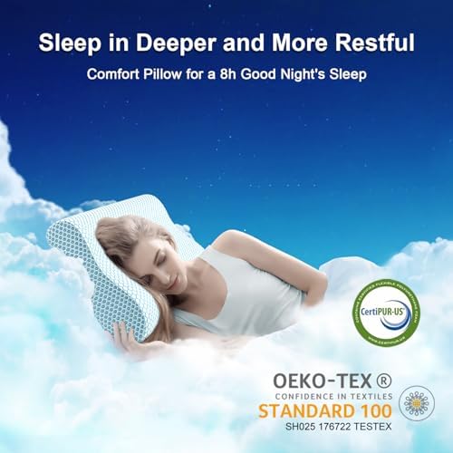 Anvo Memory Foam Pillow, Neck Contour Cervical Orthopedic Bed Pillow for Sleeping Side Back Stomach Sleeper, Ergonomic Design for Neck and Shoulder Pain Relief, Blue White, Soft