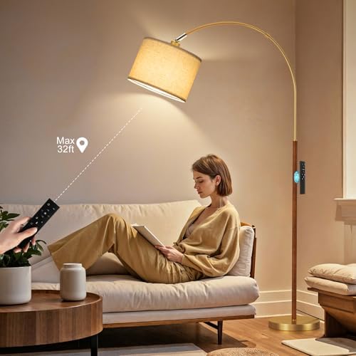 Ambimall Dimmable Arc Floor Lamp with Remote, Color Temp Adjust, Woodgrain