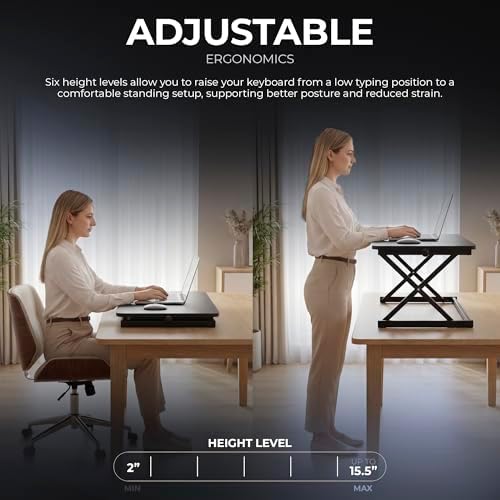 Keyboard and Mouse Riser, Height Adjustable Standing Desk Converter, 24 x 12 Inch Computer Keyboard Stand with Stable X-Frame, Ergonomic Desktop Riser for Laptop, Typing & Office Work