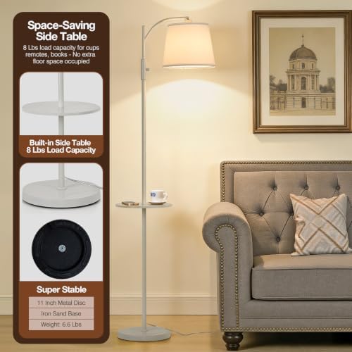 AIDENOEY White Floor Lamp with Table, Dimmable Standing Lamp, Living Room