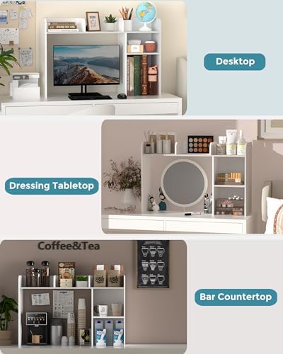 LAND·VOI Desktop Bookshelf, Countertop Storage Hutch with 5 Shelves for Computer Desk, Desk Organizer for Home Office Dorm, Dressing Tabletop, Bar Countertop, White EDS01W