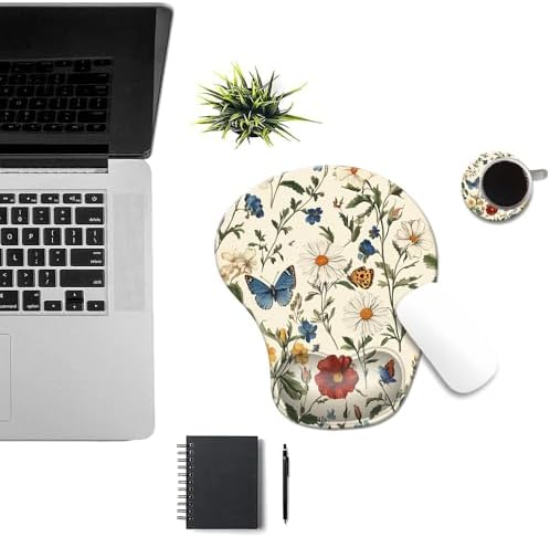 Ergonomic Mouse Pad with Wrist Rest,Comfortable Computer Gel Mouse Pad Wrist Support for Laptop,Pain Relief Mousepad with Non-Slip PU Base Floral Butterfly
