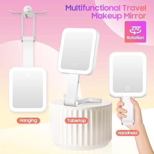 GOMIPURU Magnifying Travel Mirror with Light, 30X/1X Double-Sided Magnifying Mirror with 3 Color Lights, Brightness Adjustable, Foldable Handheld Makeup Mirrors Portable for Travel and Desktop, Sliver