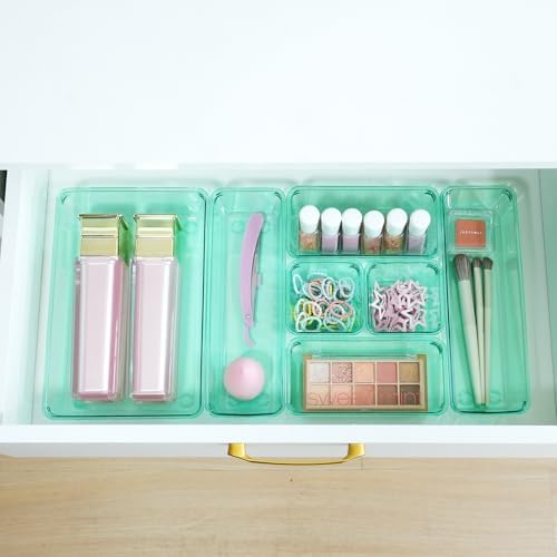 Kitchen Desk Drawer Organizers Storage for Office, Small Acrylic Vanity Trays Makeup for Drawer Bathroom Plastic Make up Organizers 25 Pcs Green