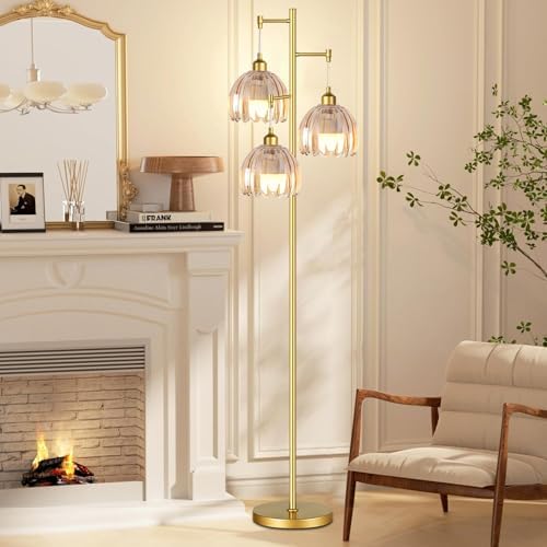 Gold Floor Lamps for Living Room Vintage Floor Lamp with Glass Lmapshape & Three Led Bulb,Green Floor Lamp Brass Mid Century Modern Standing Lamp Tall Tree Flower Floor Lamps for Bedroom,Office,Corner