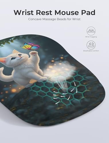 Adorable Kitty Cat Ergonomic Mouse Pad for Carpal Tunnel Pain Relief, 65% Usable Mouse Area, Memory Foam Concave Wrist Rest for Office, PC, Gaming