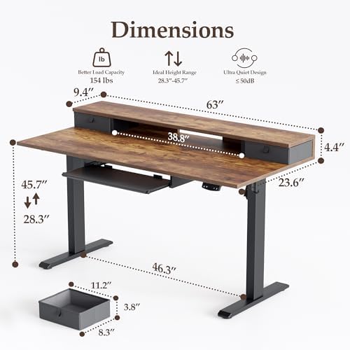 Klicelor 63 x 24 Inch Electric Standing Desk with Drawers and Keyboardtray, Adjustable Height Small Sit Stand Desk for Home Office, Compact Computer Workstation with Storage- Rustic Brown