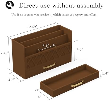 Bamboo Mail Organizer Countertop Pen Holder Wooden Desktop Storage Drawers