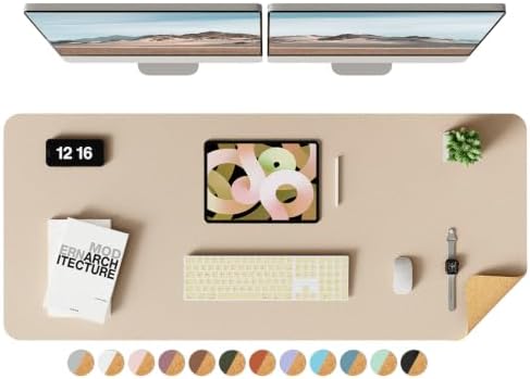 YSAGi Double-Sided Desk Pad, Leather Desk Mat, Eco Cork Desk Pad Protector, Large Mouse Pad for Desk, Waterproof Desk Blotter Pad, Desk Writing Pad for Office Work/Home (Beige/Cork,47.2" x 17")