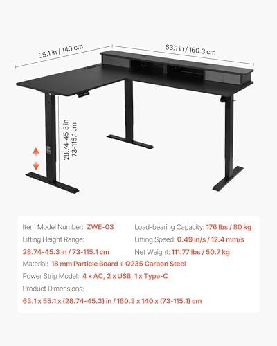 VEVOR L Shaped Electric Standing Desk with 2 Drawers, 63 x 55 inch Adjustable Height Corner Desk with Storage, Sit Stand up Computer Table with Light Strips for Office Home, Easy to Assemble, Black