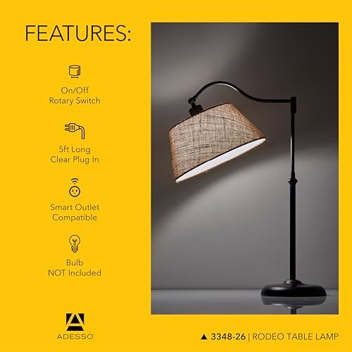 Adesso Antique Bronze Table Lamp with Burlap Shade - 180 Degree Adjustable Arm, Versatile Bedside Table, Living Room, or Desk Lamp, 27” Tall