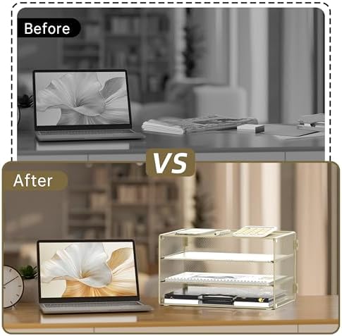 DALTACK 3 Tier Letter Tray Paper Organizer with Sliding Mesh Trays Yellow
