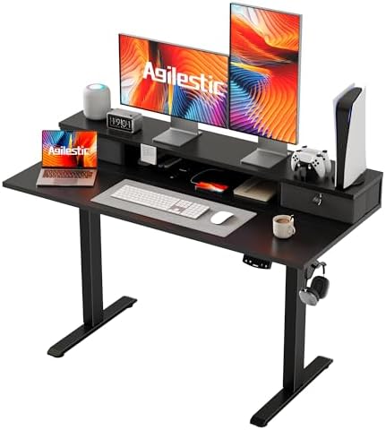 Agilestic 48 x 24 Inches Electric Standing Desk with 2 Storage Drawers, Adjustable Height Sit and Stand Computer Table with Splice Board, Black